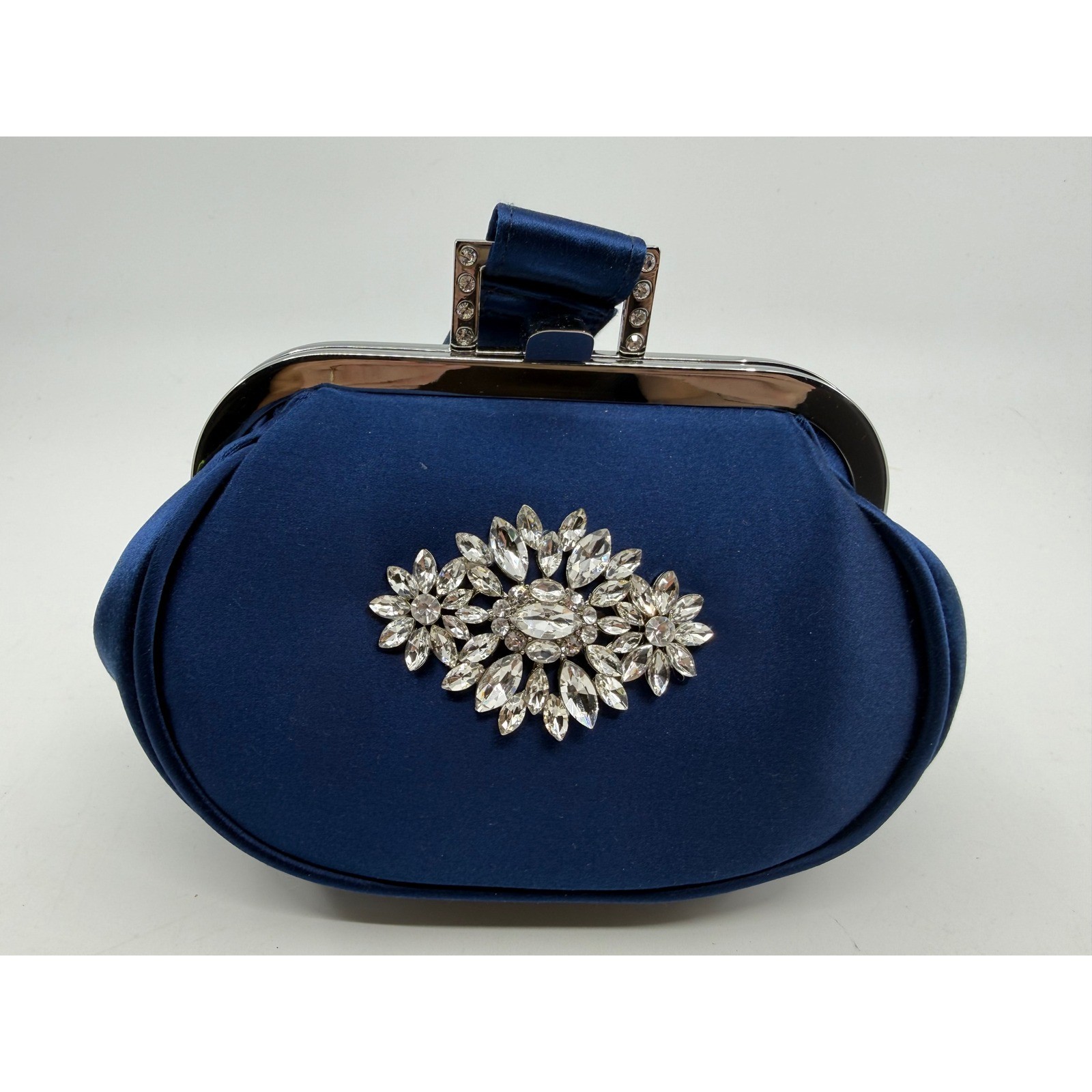 Badgley Mischka Addison Navy Satin Crystal Brooch Evening Clutch Bag BLBG-10133