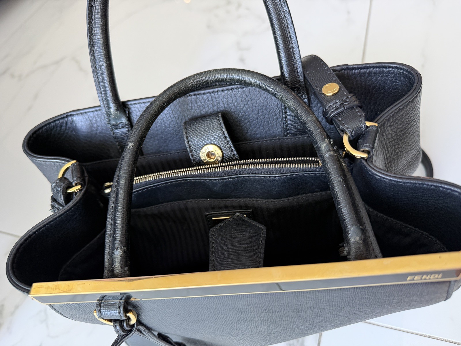 FENDI 2JOURS Hand Bag Leather 2way Black Leather / Gold