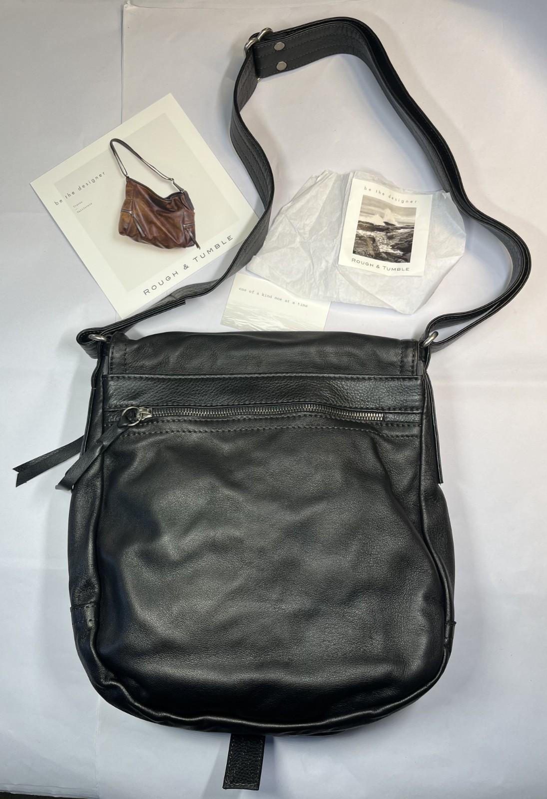 NEW Rough & Tumble 1903 Small Crossbody Bag Black Lamb Leather Gray Lining