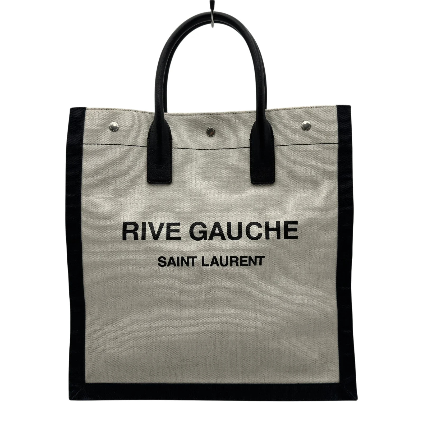 SAINT LAURENT Rive Gauche Tote Bag Ivory / Black Canvas Tote 632539 #OKB8063