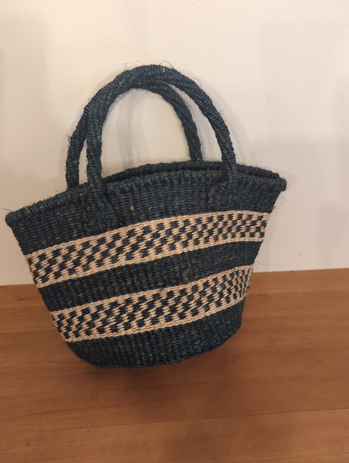 Handwoven Kenyan Sisal Basket Black Natural Woven Tote Market Bag Boho Handmade