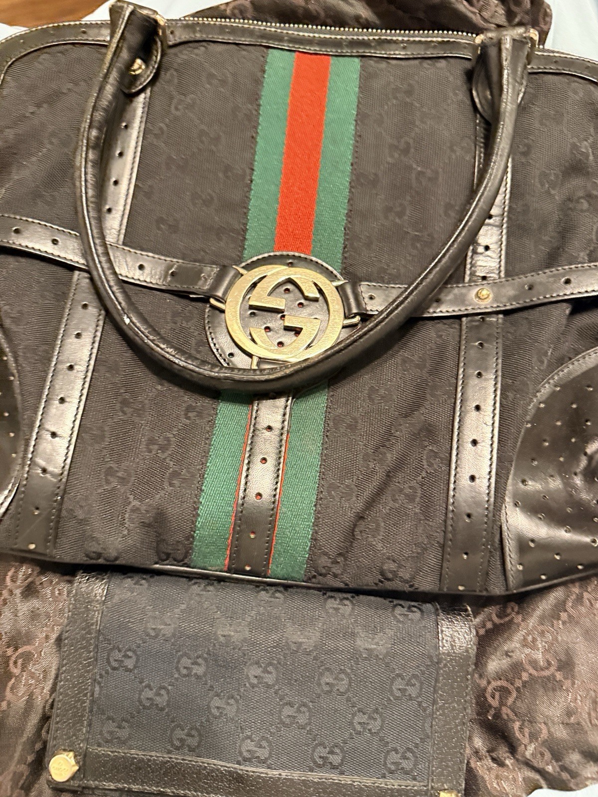 Gucci Black GG Canvas Leather Tote with Double Handles, Red Green Stripe, Wallet