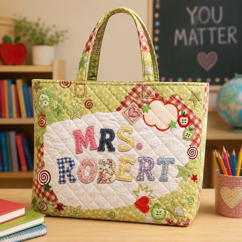 Personalized Teacher Quilted Tote Bag, Custom Name Patchwork Print Tote, Back To