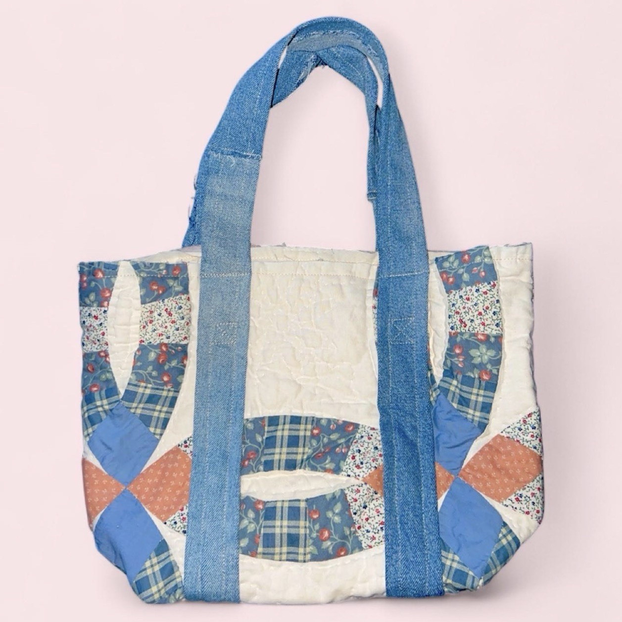 Upcycled Vintage Double Wedding Ring Quilt Tote Bag – Handmade Boho Denim Purse