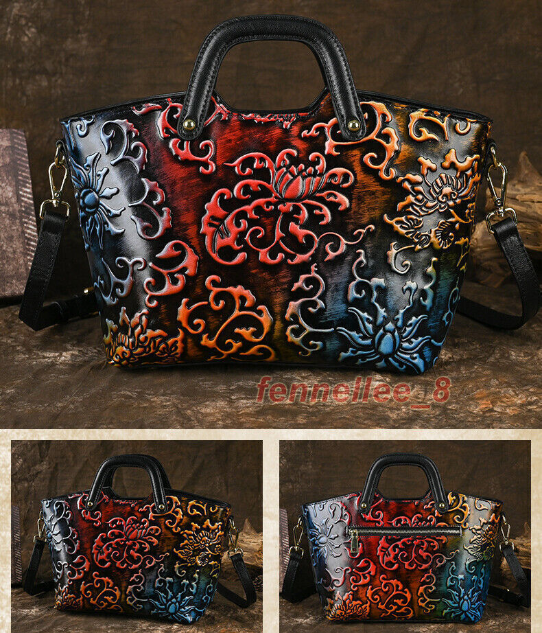 Women Genuine Cow Leather Shoulder Bag Handbag Purse Flower Embossed Tote Travel