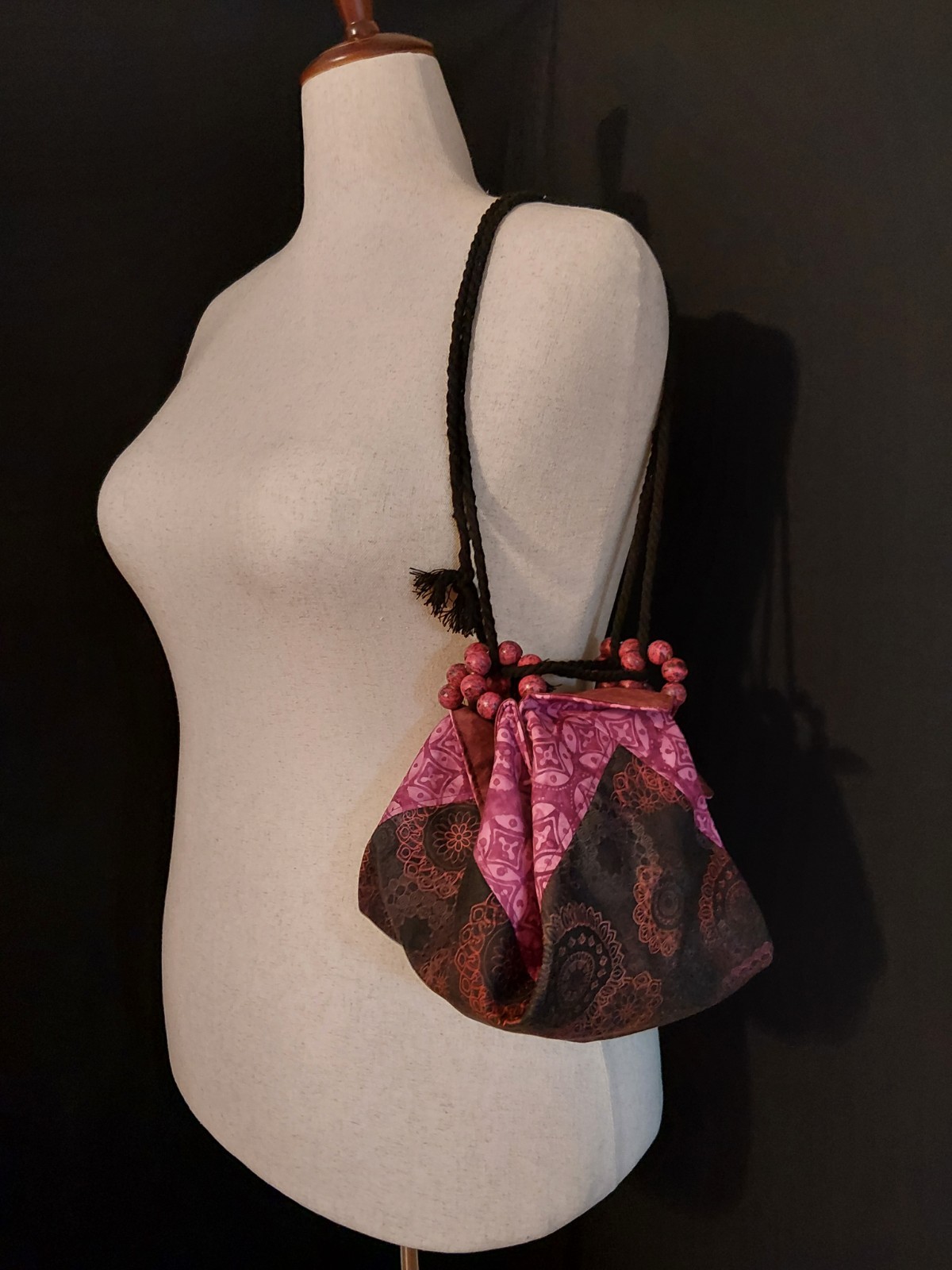 Beautiful Pink Black And Burgundy Batik Oragami Bag