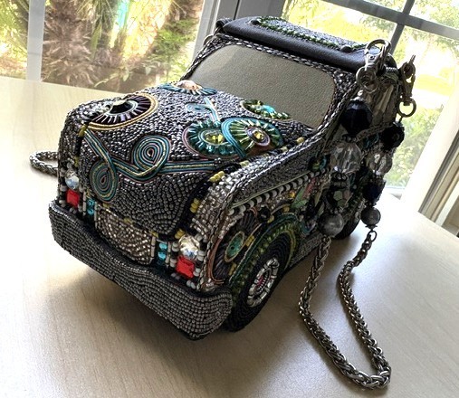 Mary Frances ROAD TRIP CAR AUTO HANDBAG Leather Top Handle Bag Silver Gray/Multi