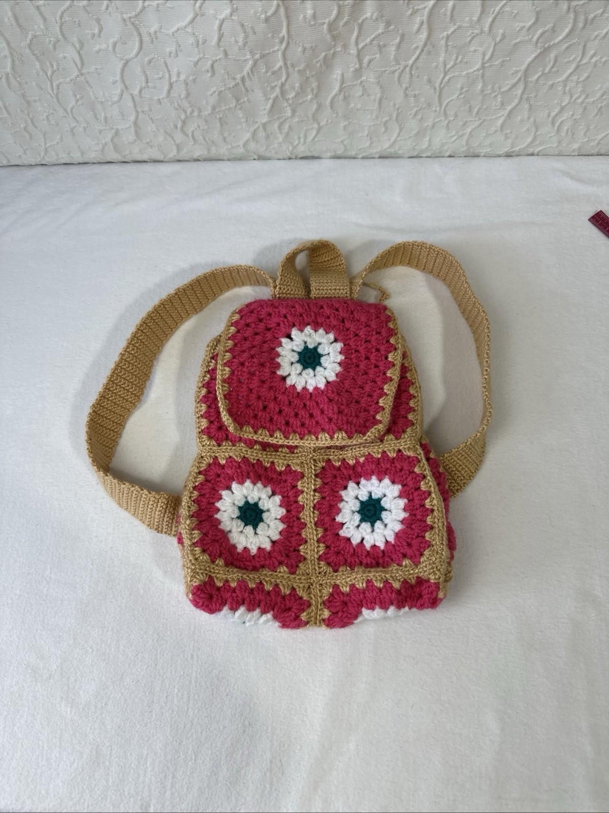 Handmade Crochet Floral Backpack Drawstring Blue Pink White Women’s Casual Boho