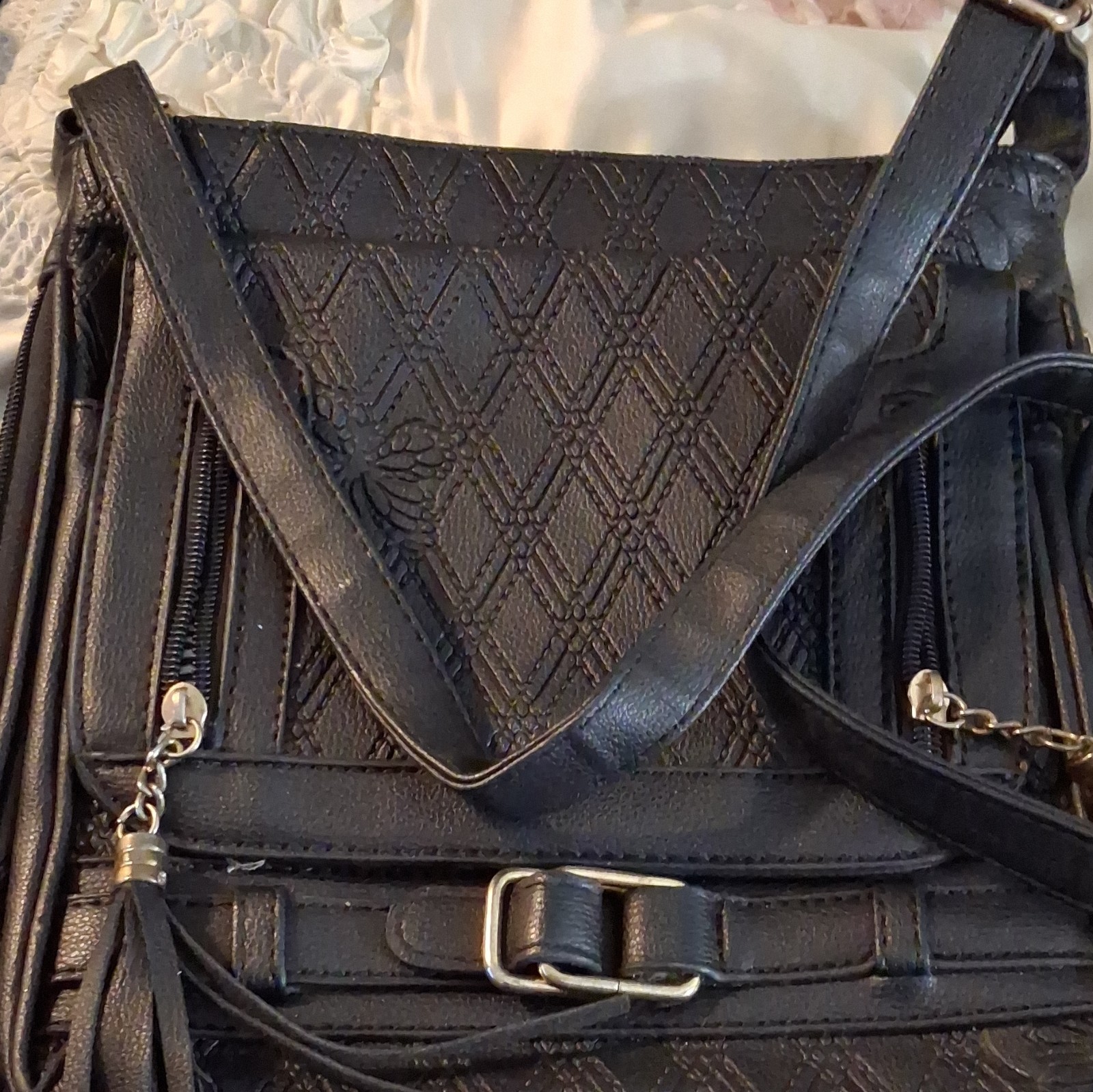 Black Geometric Embossed Crossbody Bag Fringe Tassel Silver Snap Zip Pockets