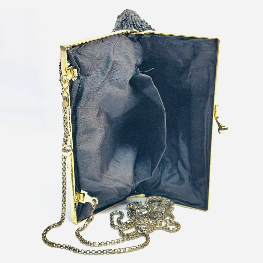 VTG Black Beaded Evening Bag Chain Shoulder Strap Pocket GoldTone3/4″Wx6″H*READ*