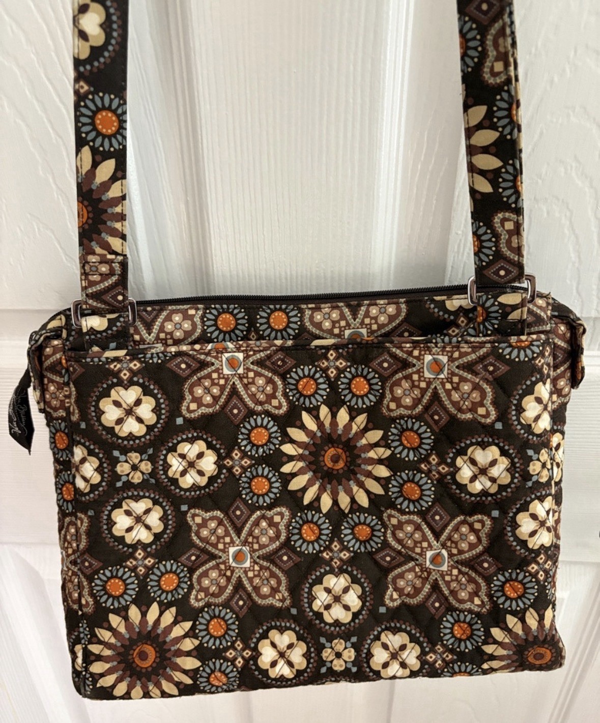Vera Bradley Brown Floral Crossbody Bag Zip Closure, Adjustable Strap, Pockets