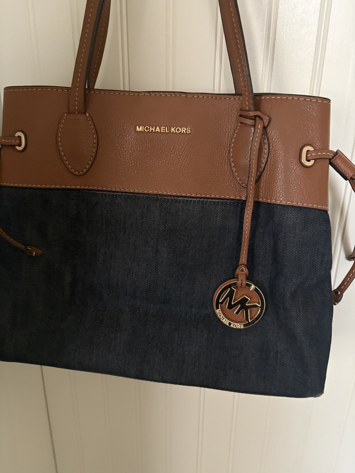 Michael Kors Denim Shoulder Bag Purse with Leather Accents Magentic Closure Nice