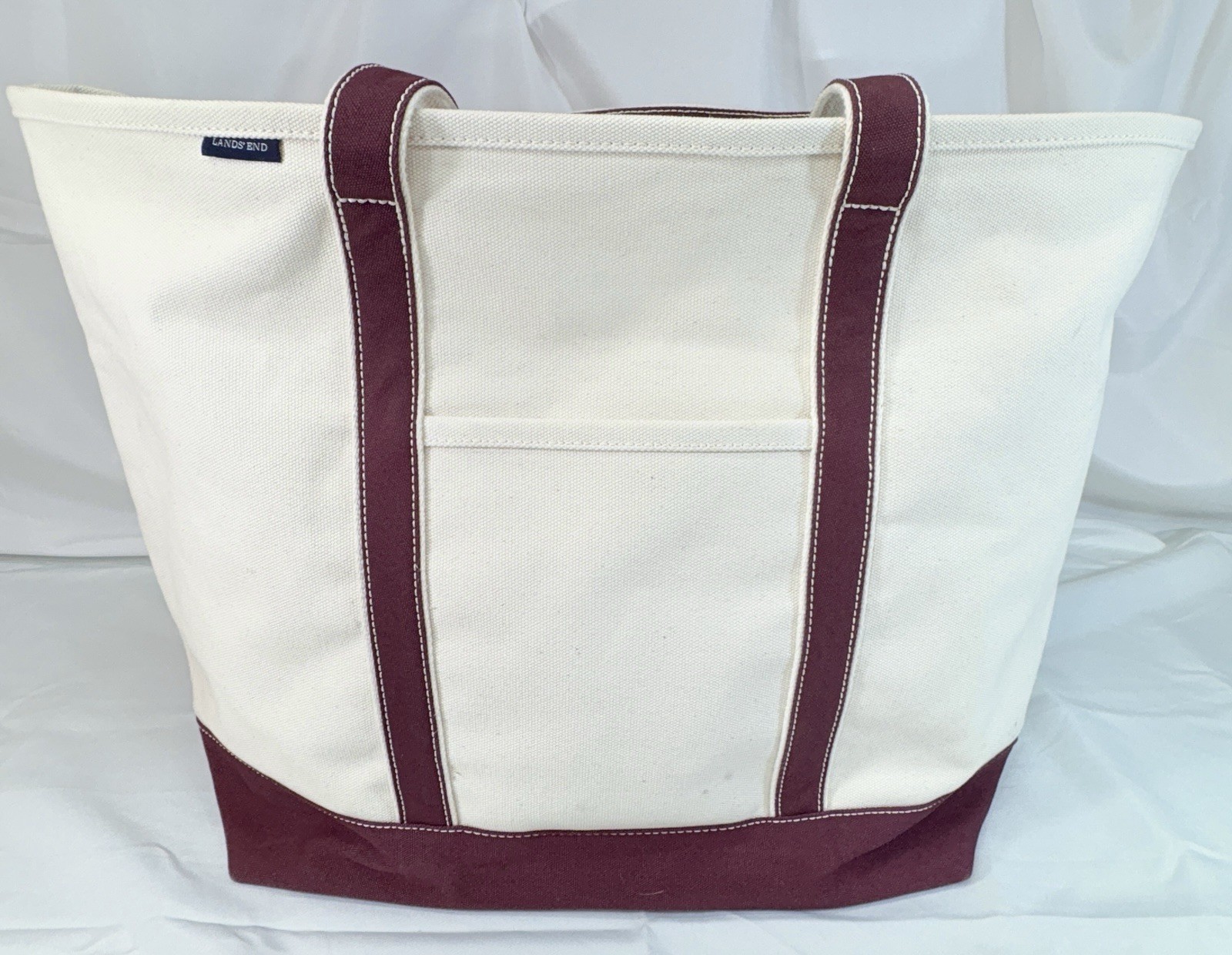 Lands End Extra Large 5 Pocket Open Top Canvas Tote Bag Natural/Lush Burgandy