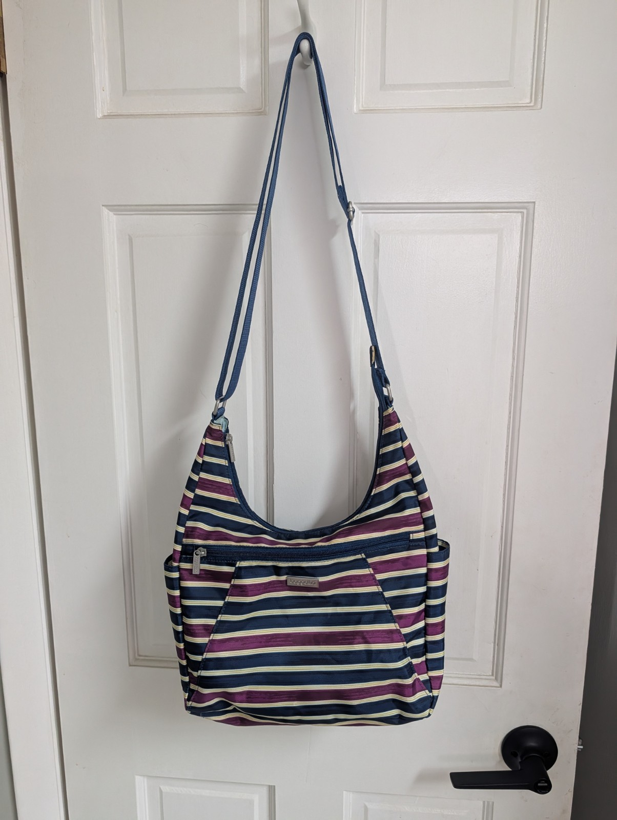 BAGGALLINI Medium Travel Hobo Crossbody Bag Purple And Blue Stripes