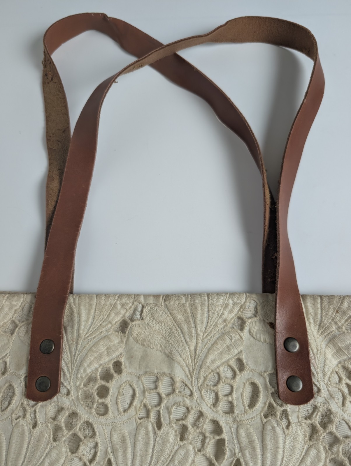 Boho Eyelet Lace Tote Bag Cream Floral Cutout Shoulder Bag Brown Straps Large