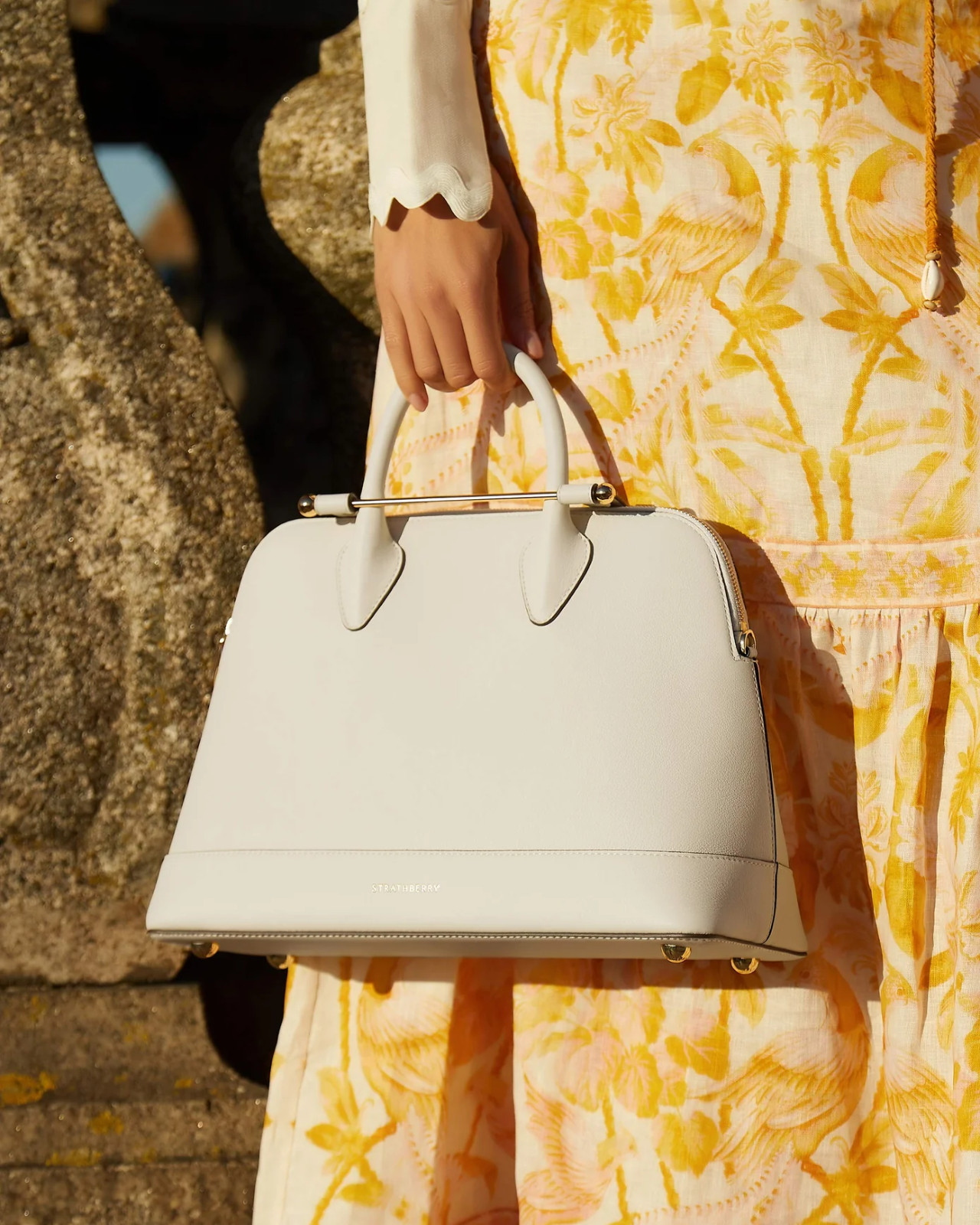 The Strathberry Dome Midi Tote Leather Purse in Vanilla