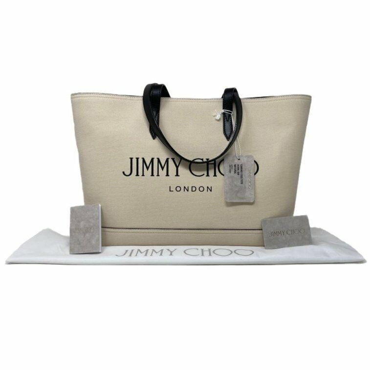 New Jimmy Choo Beige Printed Logo Canvas Tote