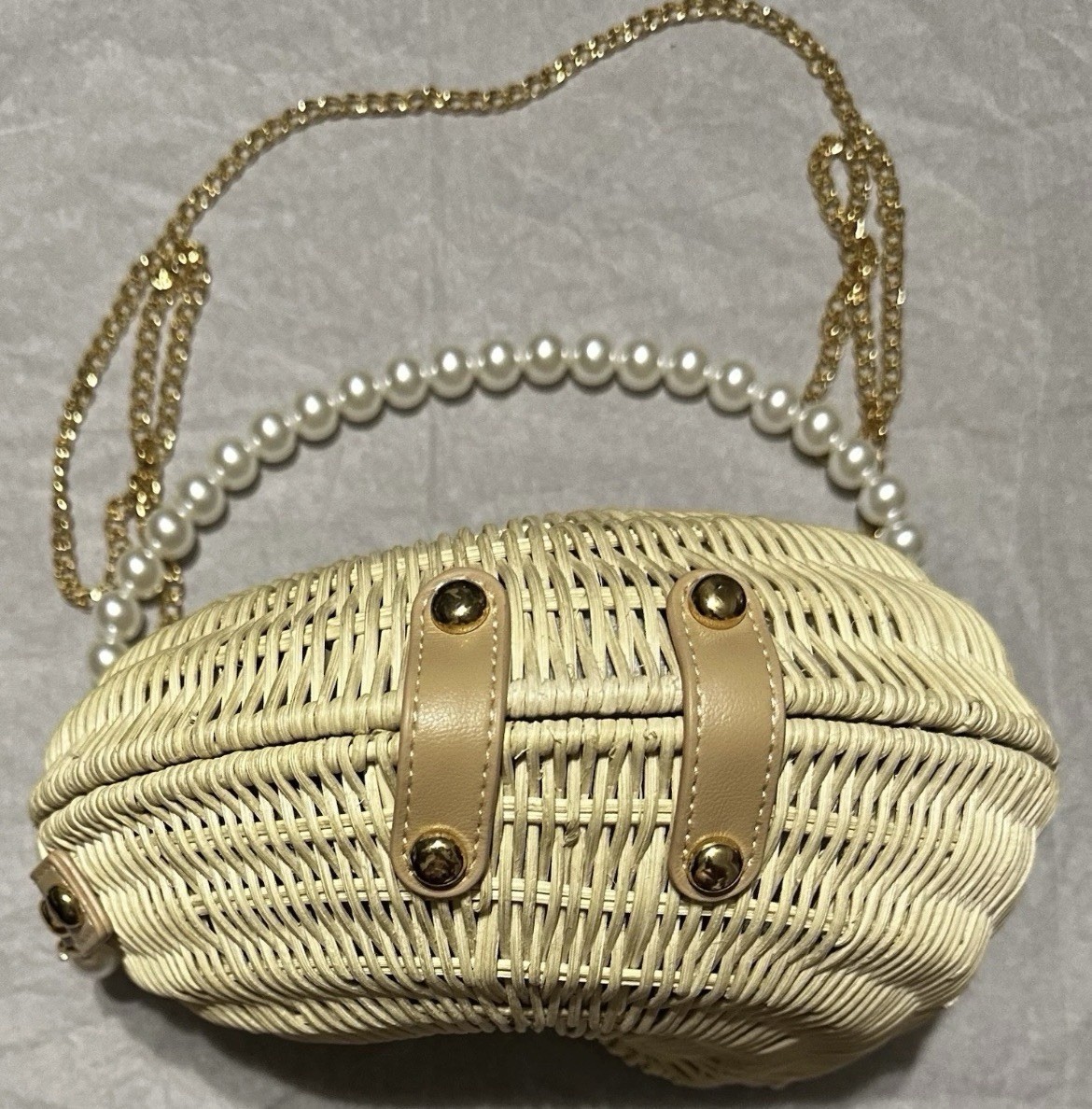 Viral Haute Hippie Style Nautilus Wicker Pearl Crossbody Bag NWT