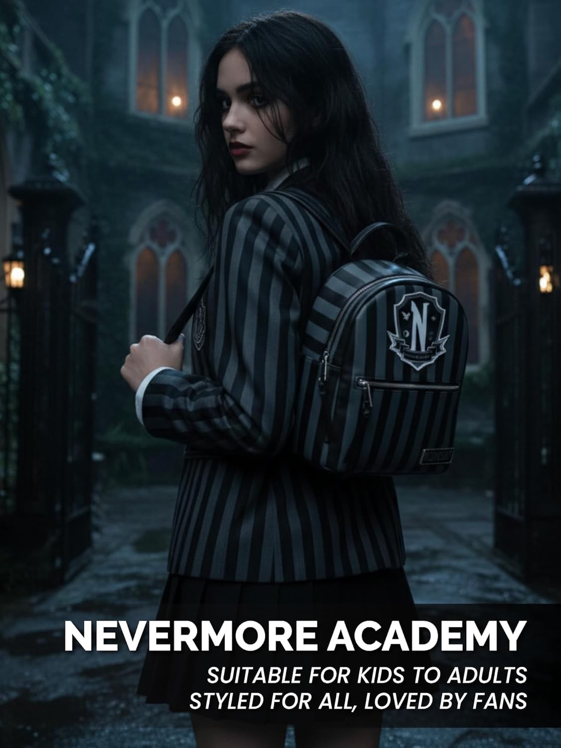 Officially Licensed Wednesday Logo with Black and Gray Striped Mini Backpack