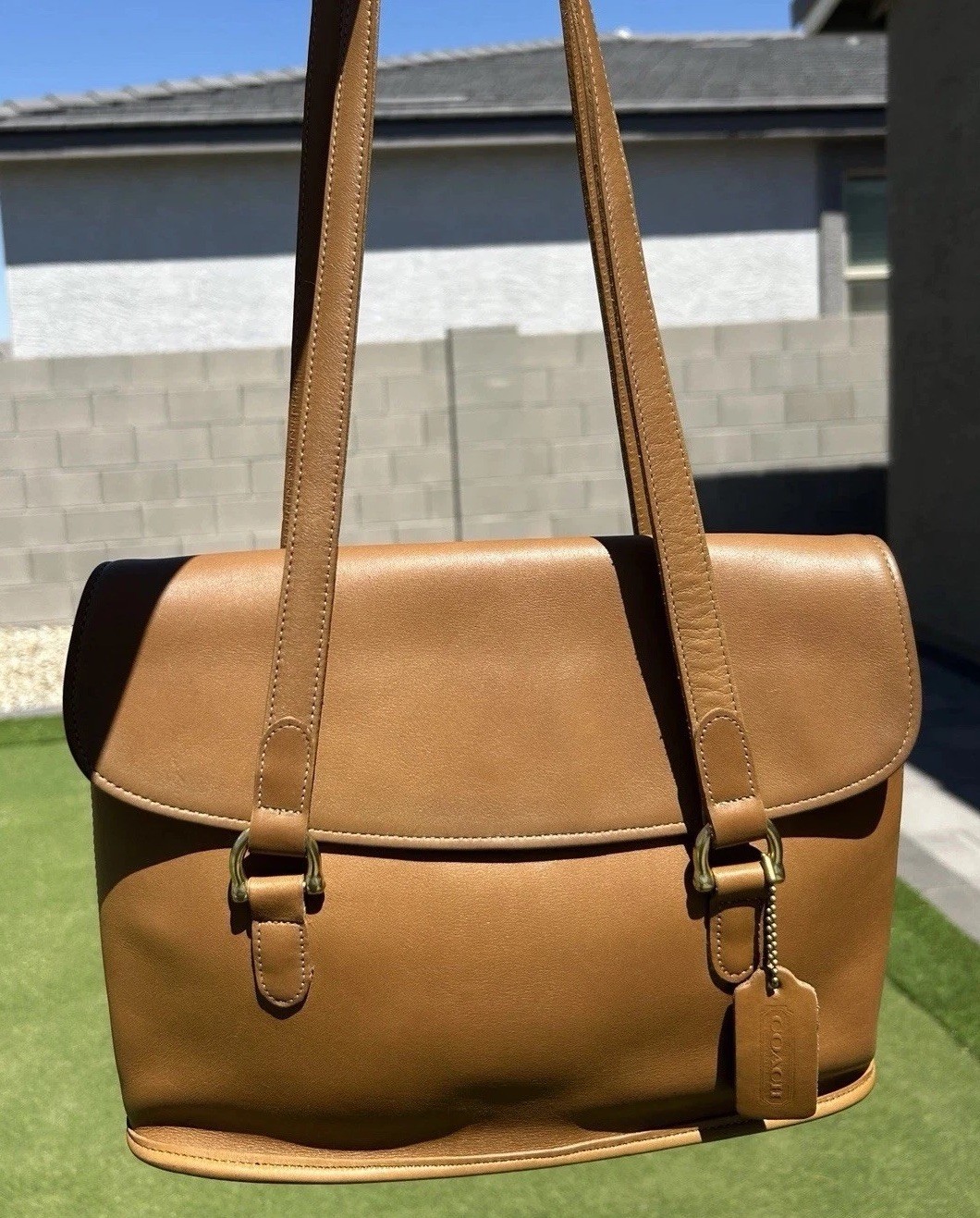Vintage Coach Equestrian Flap Shopper Shoulder Bag in Toffee tan 1998 style#9808