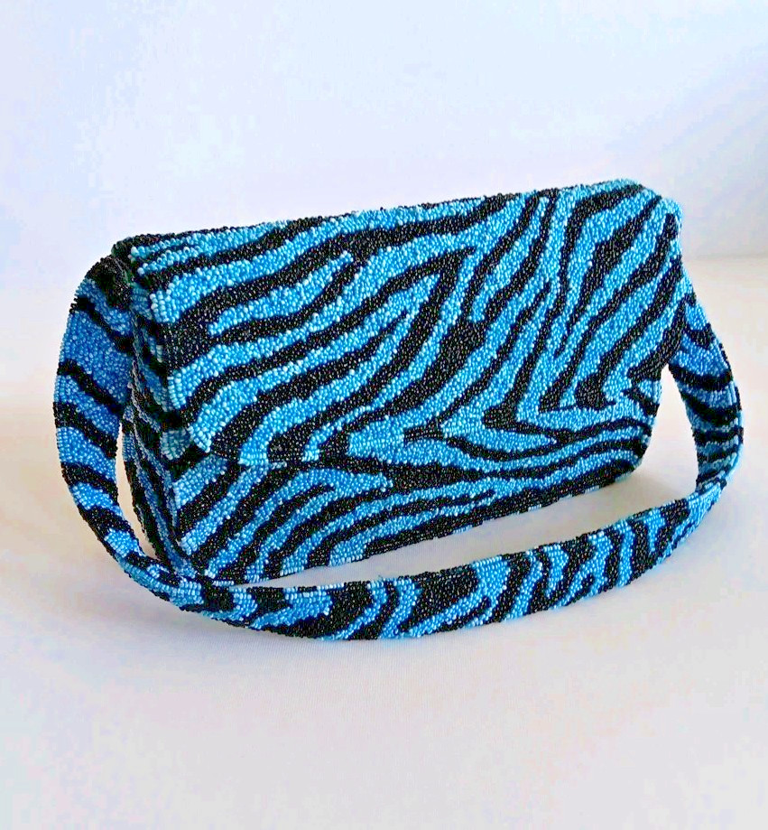 Moyna Blue & Black Tiger Print Beaded Purse with Strap Snap Close Inside Pocket