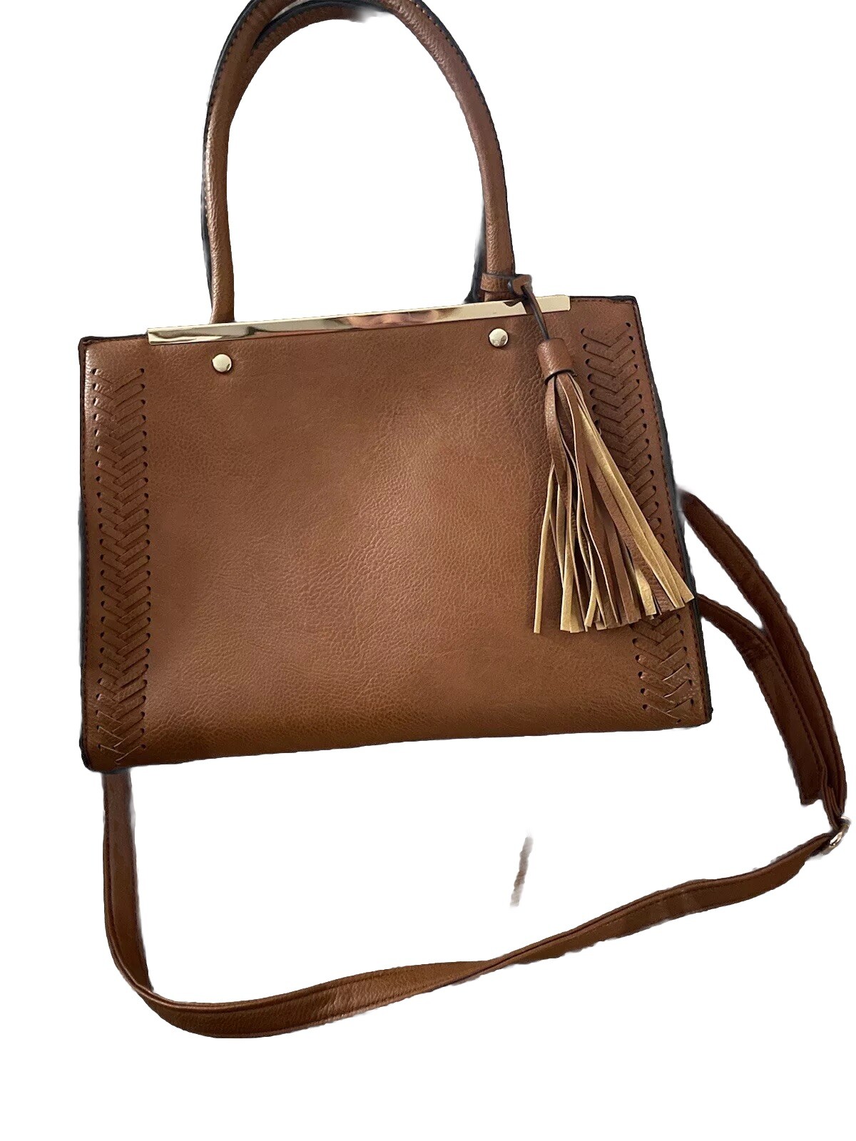 Alyssa Vegan Leather Purse Camel Saddle Brown Woven Carryall Bag Gold Tassel