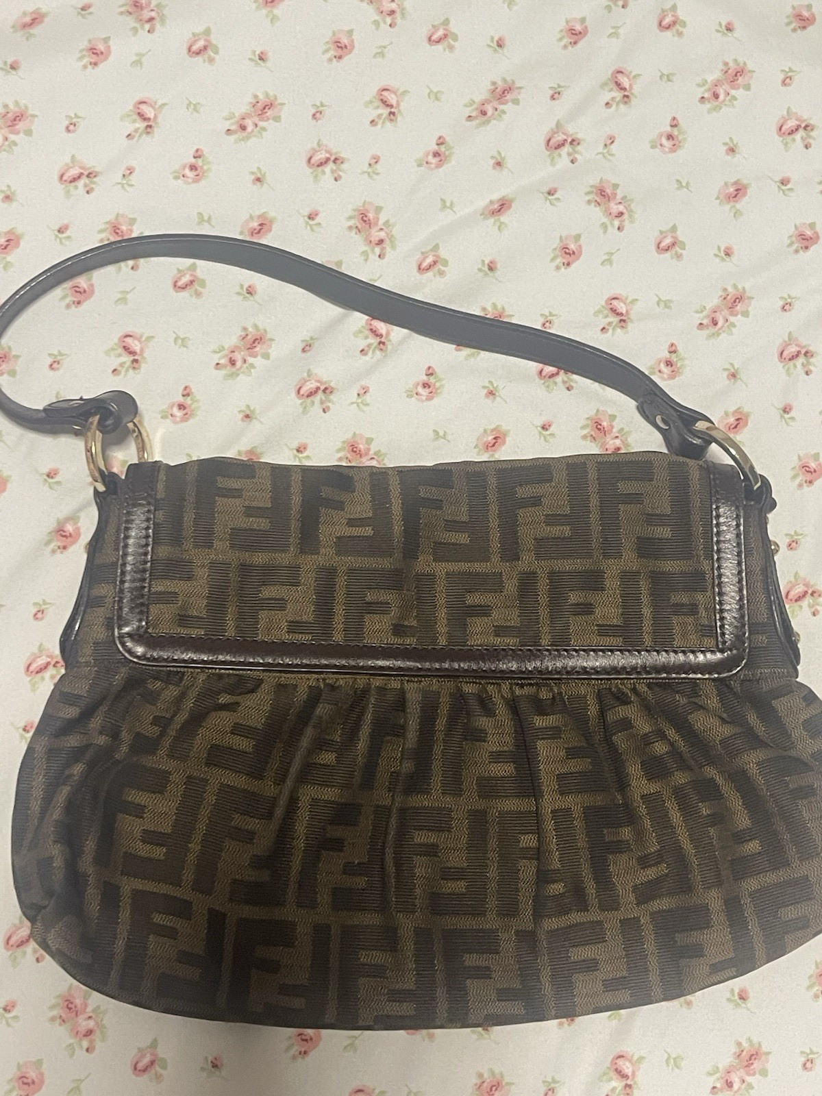 Fendi Chef Brown Zucca Shoulder Bag Zip Closure Logo Charm Gold Hardware