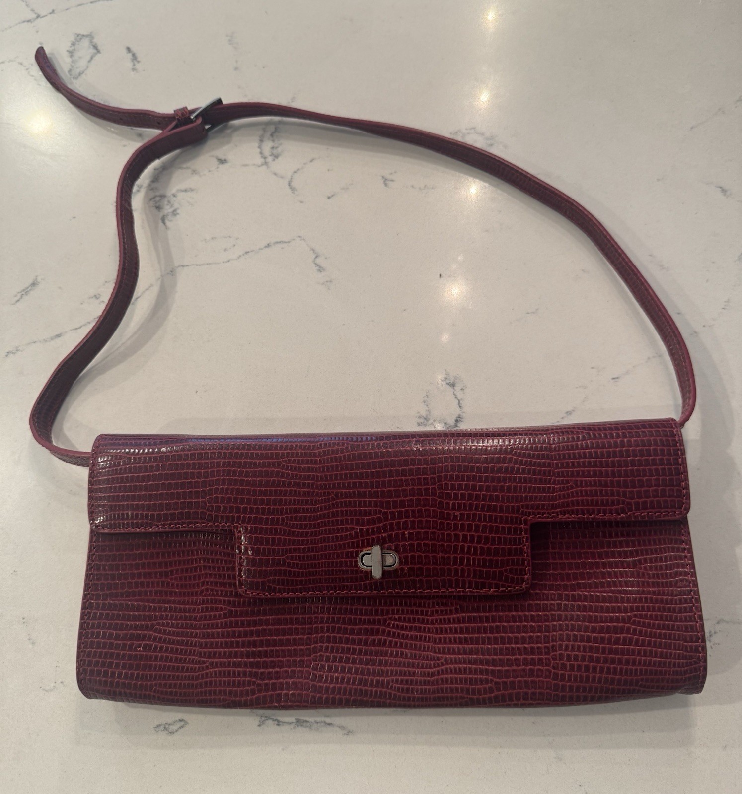 Vintage East West Monsac Original Burgundy Lizard Embossed Shoulder Bag/Cluth