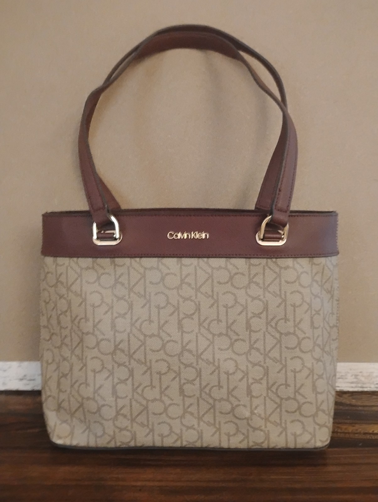 Calvin Klein Monogram Zip Top Shoulder Bag Beige/Brown, Lined, Inner Pockets