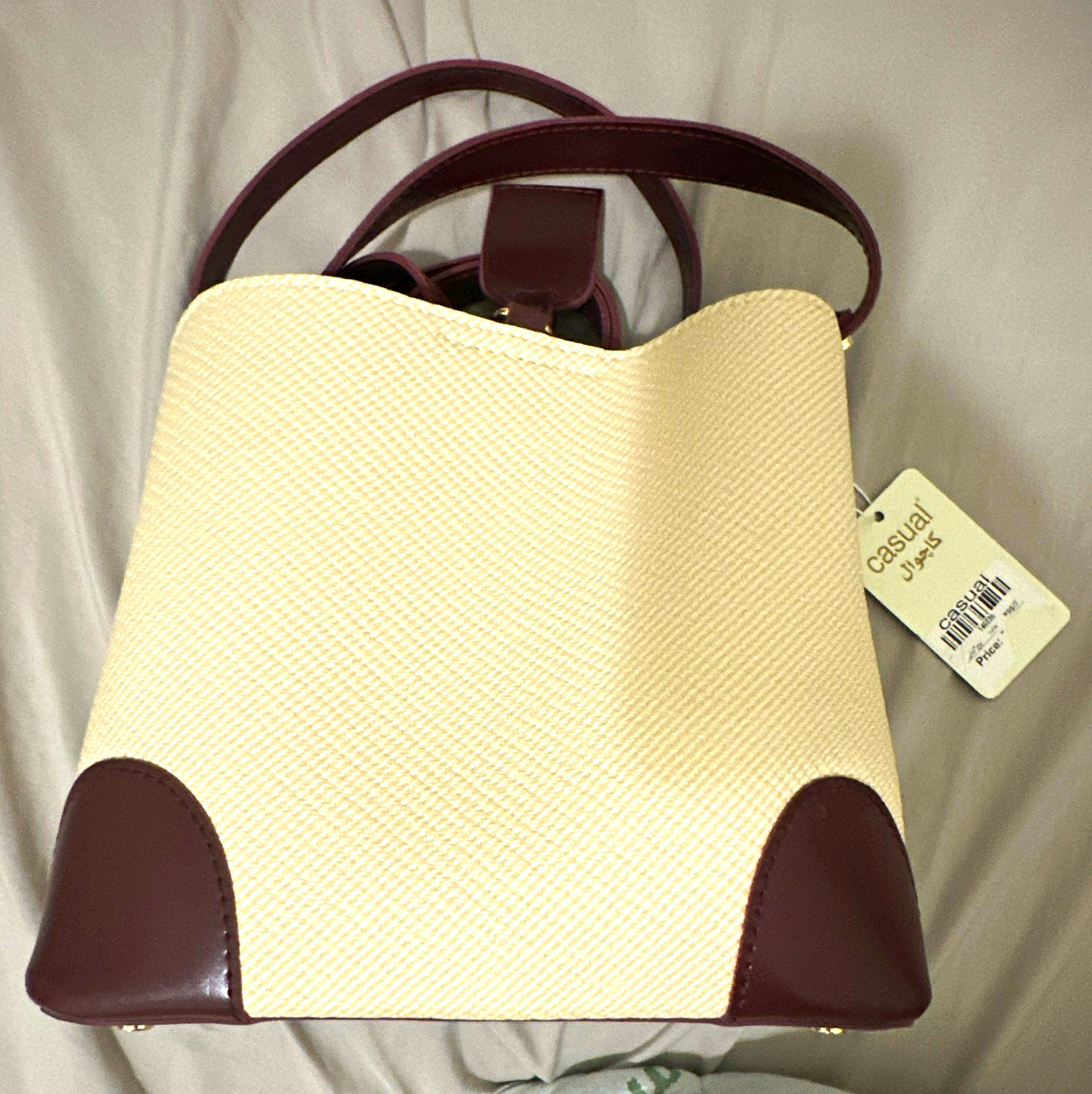 Casual Ivory & Burgundy Top Handle Bag, Adjustable Crossbody Strap, Gold