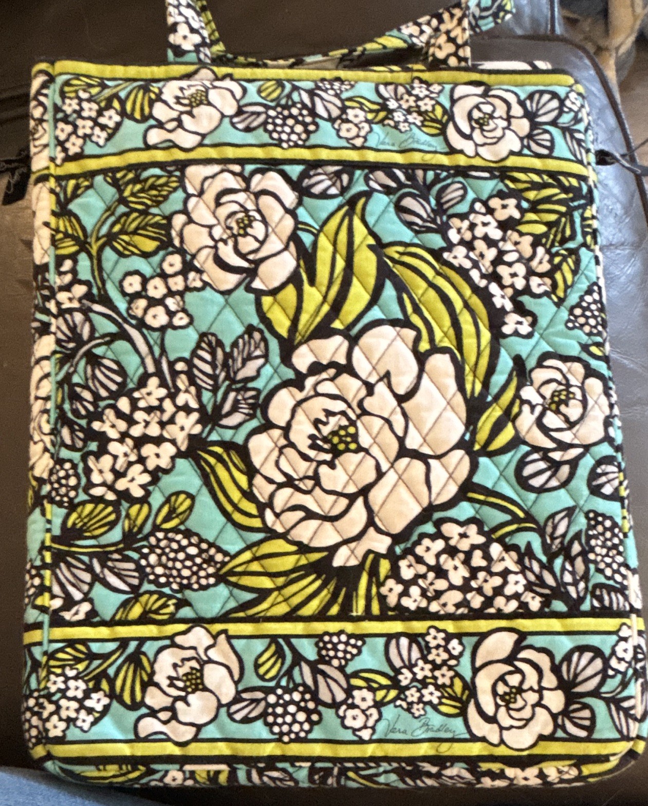 Vera Bradley Blue Green Black White Floral Tote Bag Double Handles