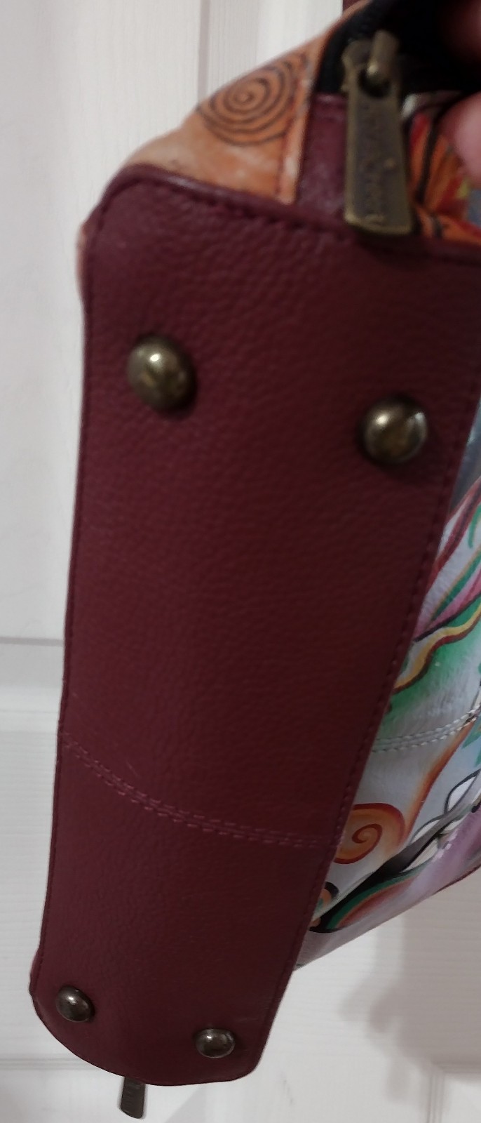 Anuschka Artsy Boho Hand Painted Leather RFID Crossbody In Wine With Elephant