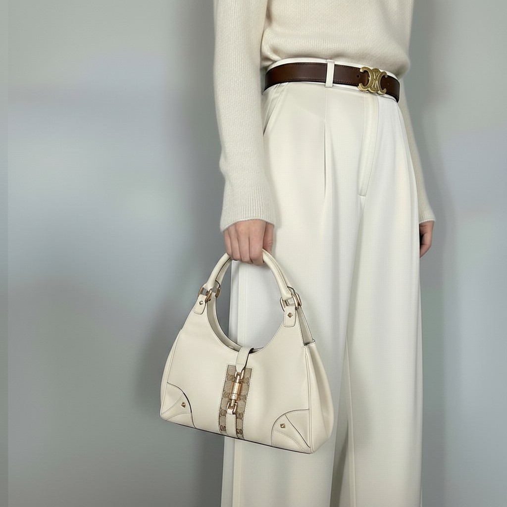 GUCCI New Jackie GG Canvas Studs Shoulder Bag Ivory Leather