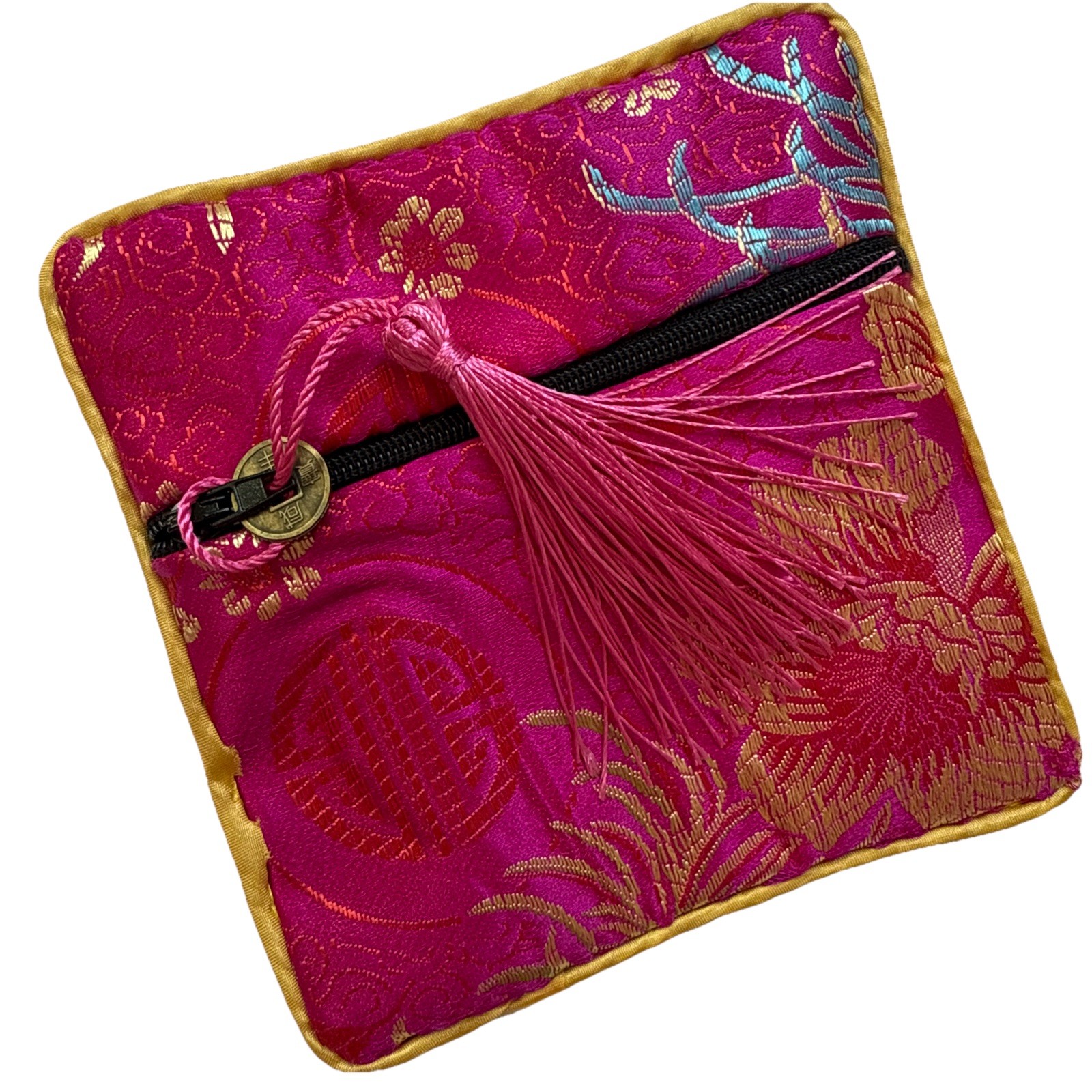 Asian New Decorative Silk coin or jewelerry Pouches – Zipper & Snap Closure 4×4