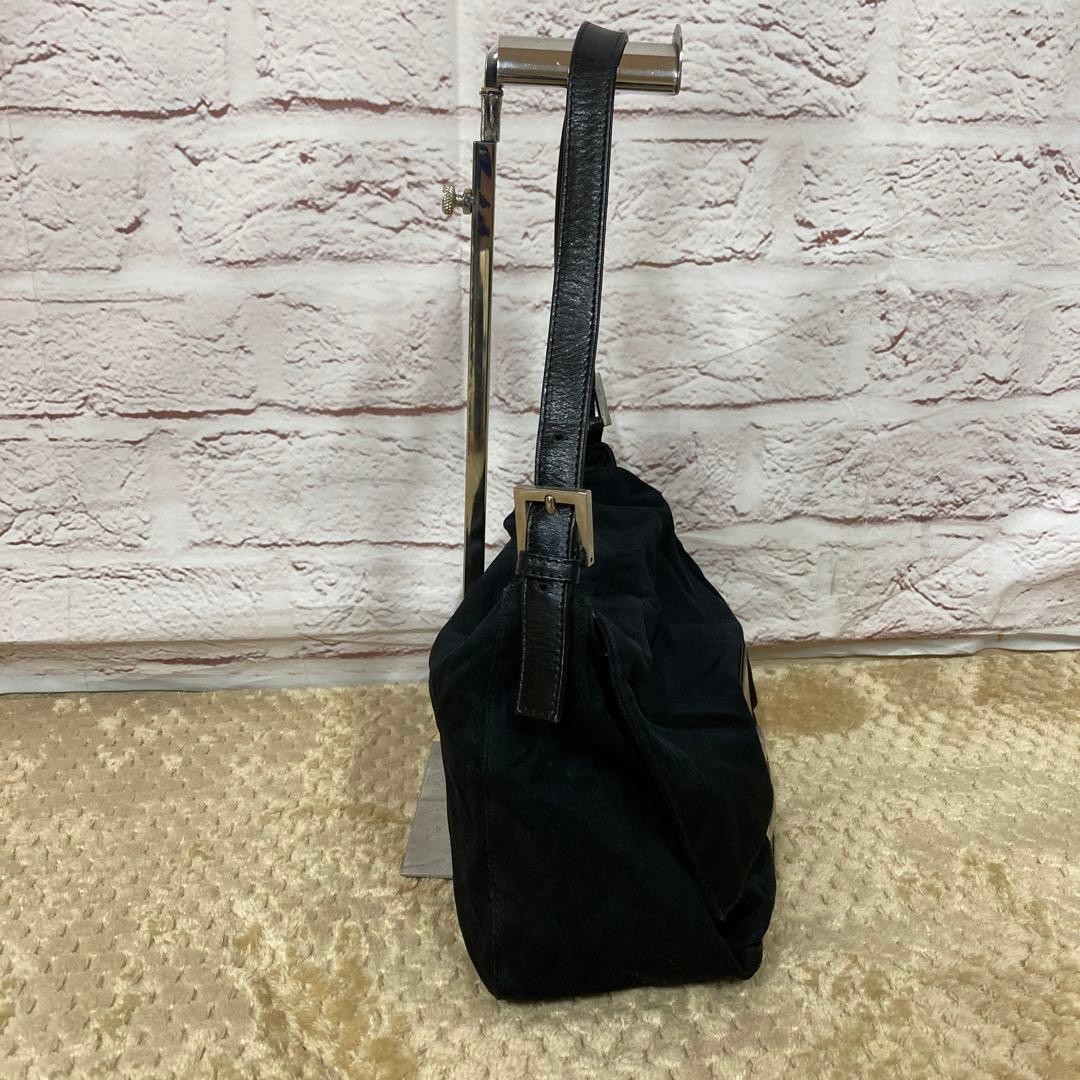 FENDI Mamma Bucket Shoulder Bag Flaplock Leather Jersey Black Silver Hardware