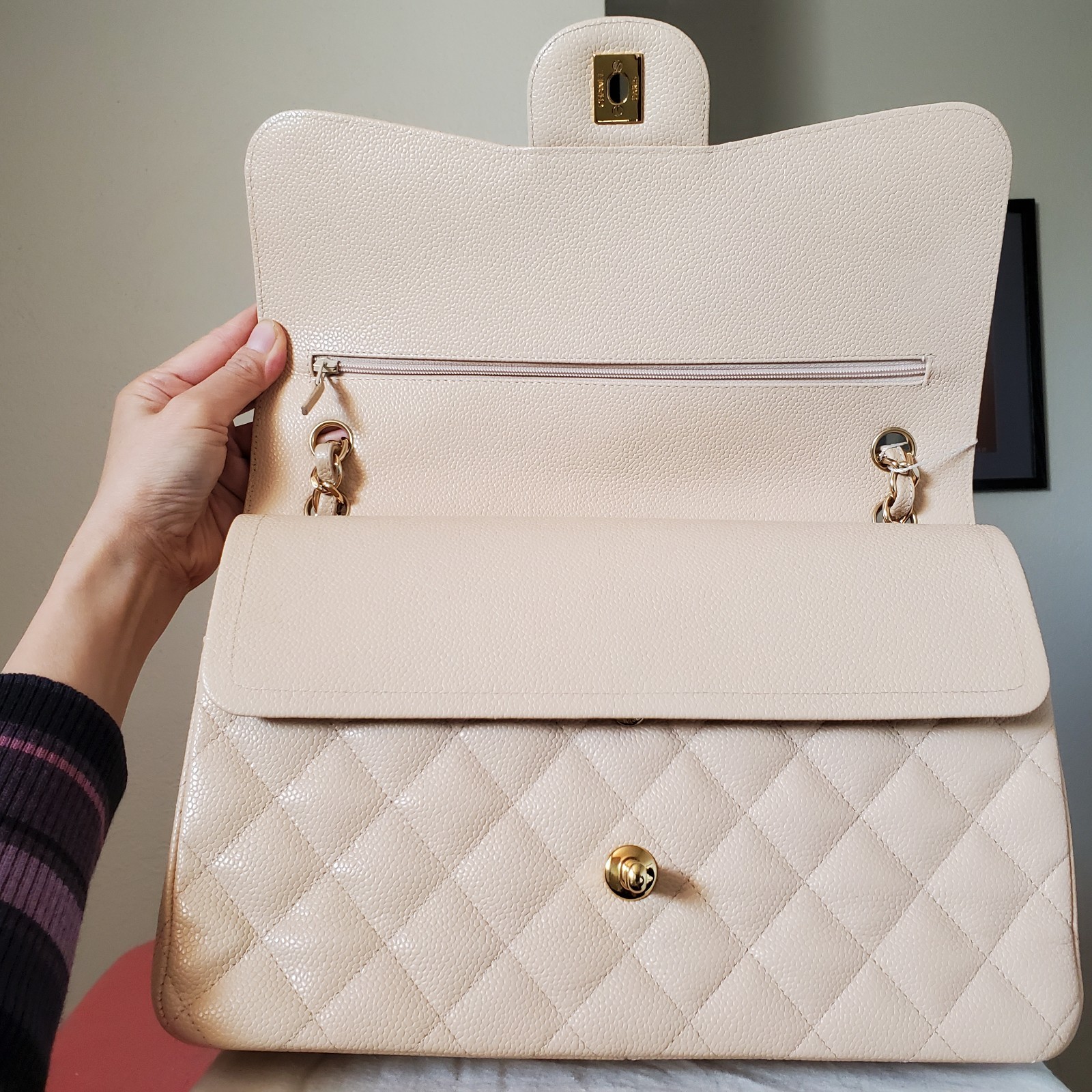 $12,600 CHANEL Classic Beige Ca viar Gold hw Jumbo double Flap Bag Serial 18