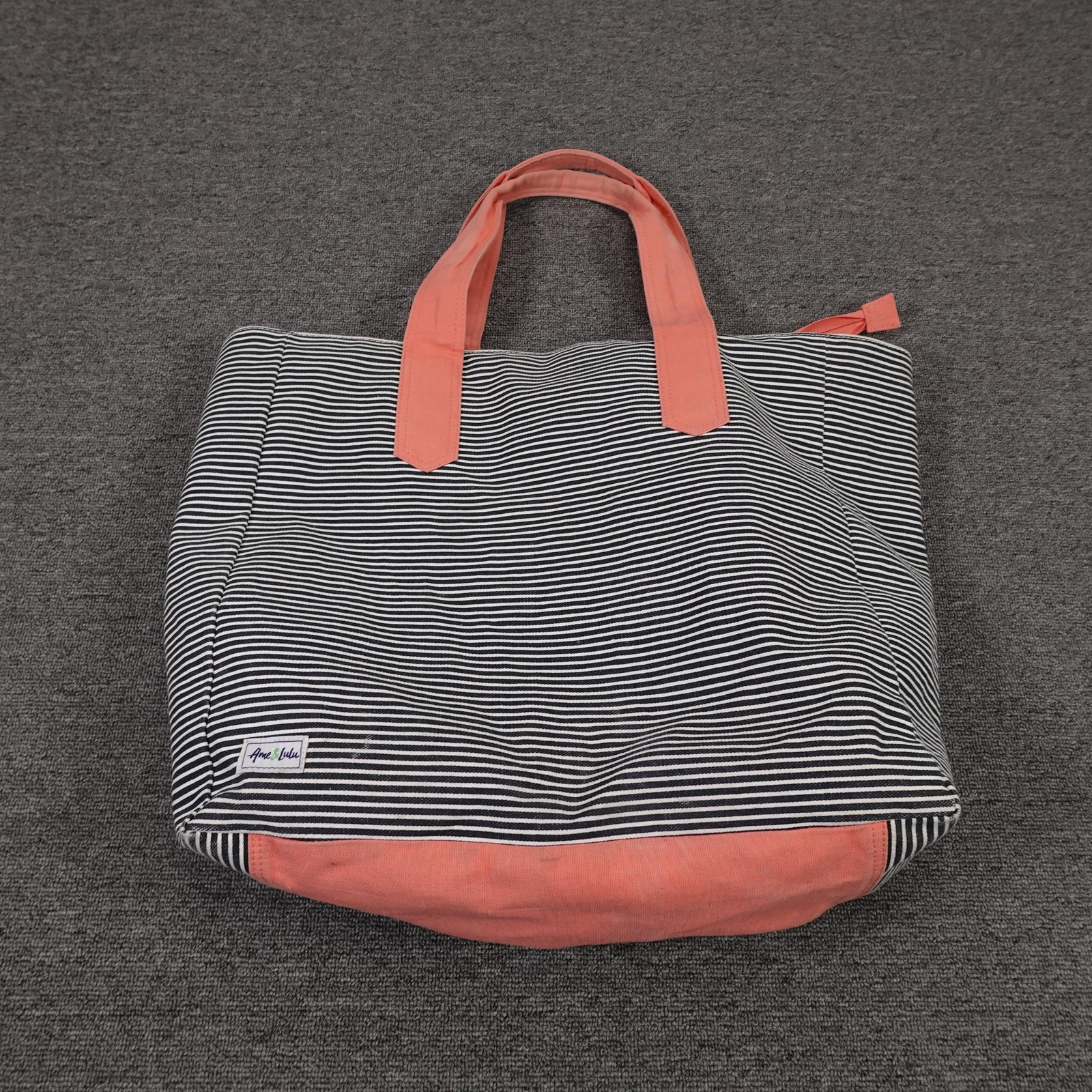 Ame & Lulu Tote Bag Womens Large Blue Striped Canvas Pink Handles Casual