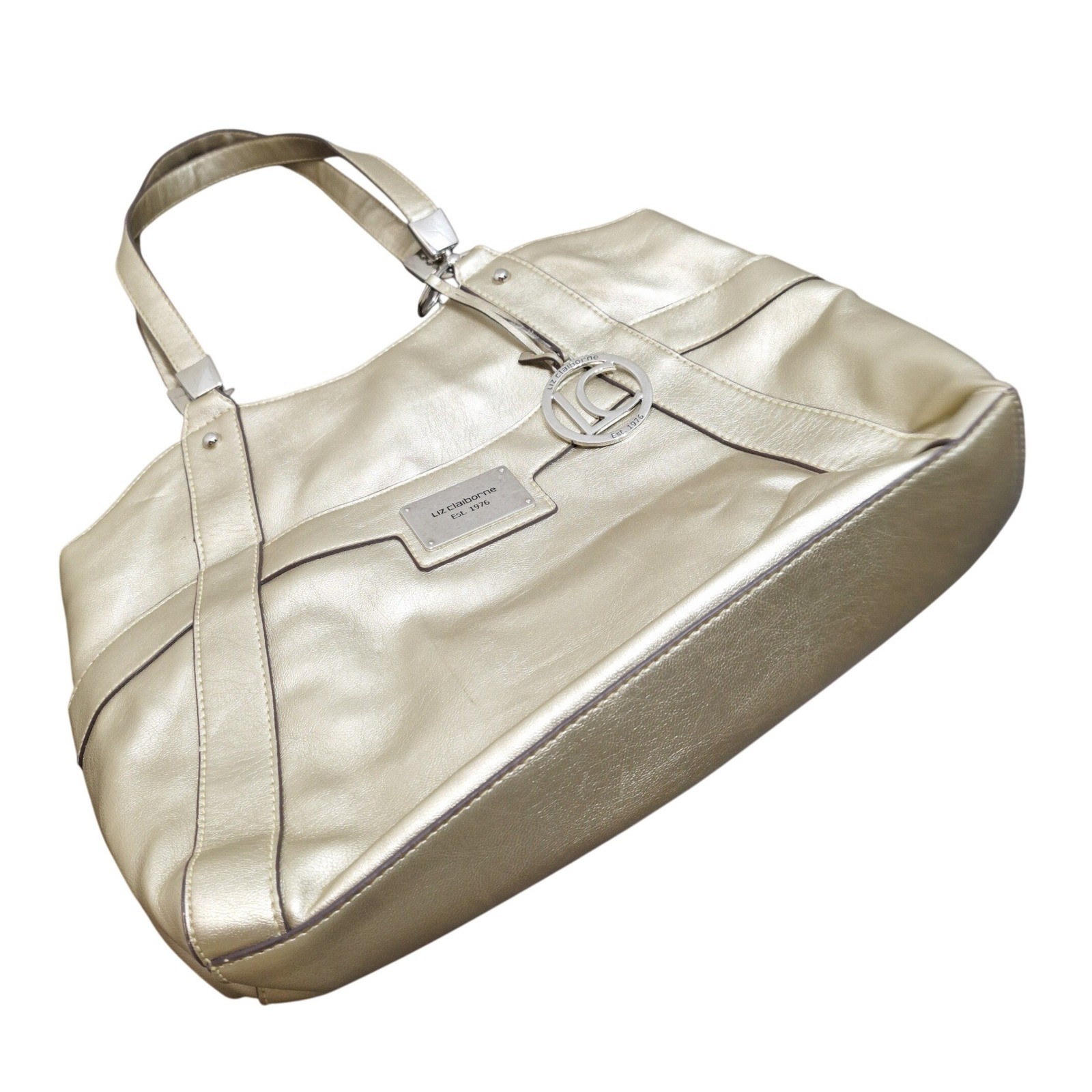 Liz Claiborne Metallic Gold Shoulder Bag Tote Purse Magnetic Snap Logo Charm