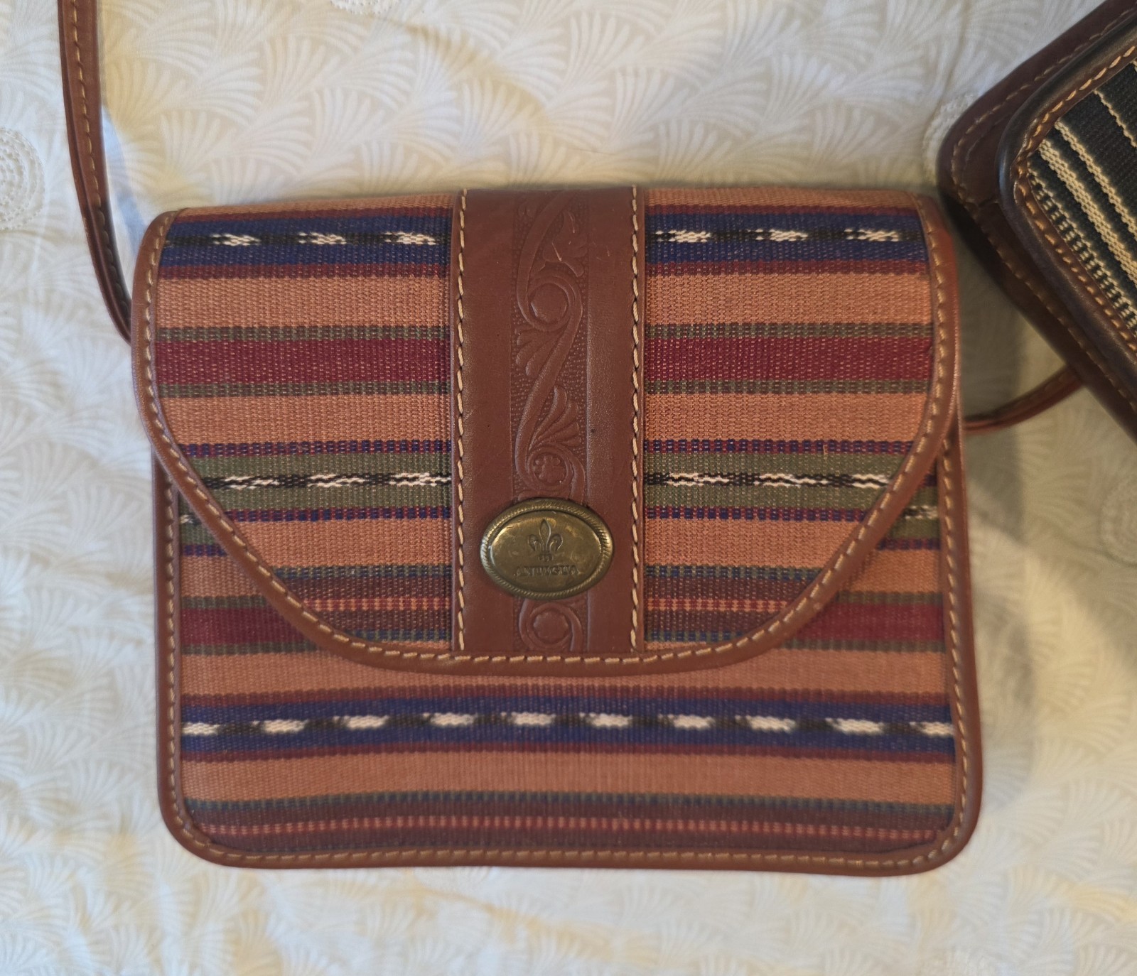 2 Antigua Brand SM Shoulder Bags Canvas & Leather Multicolor & Black Stripe New