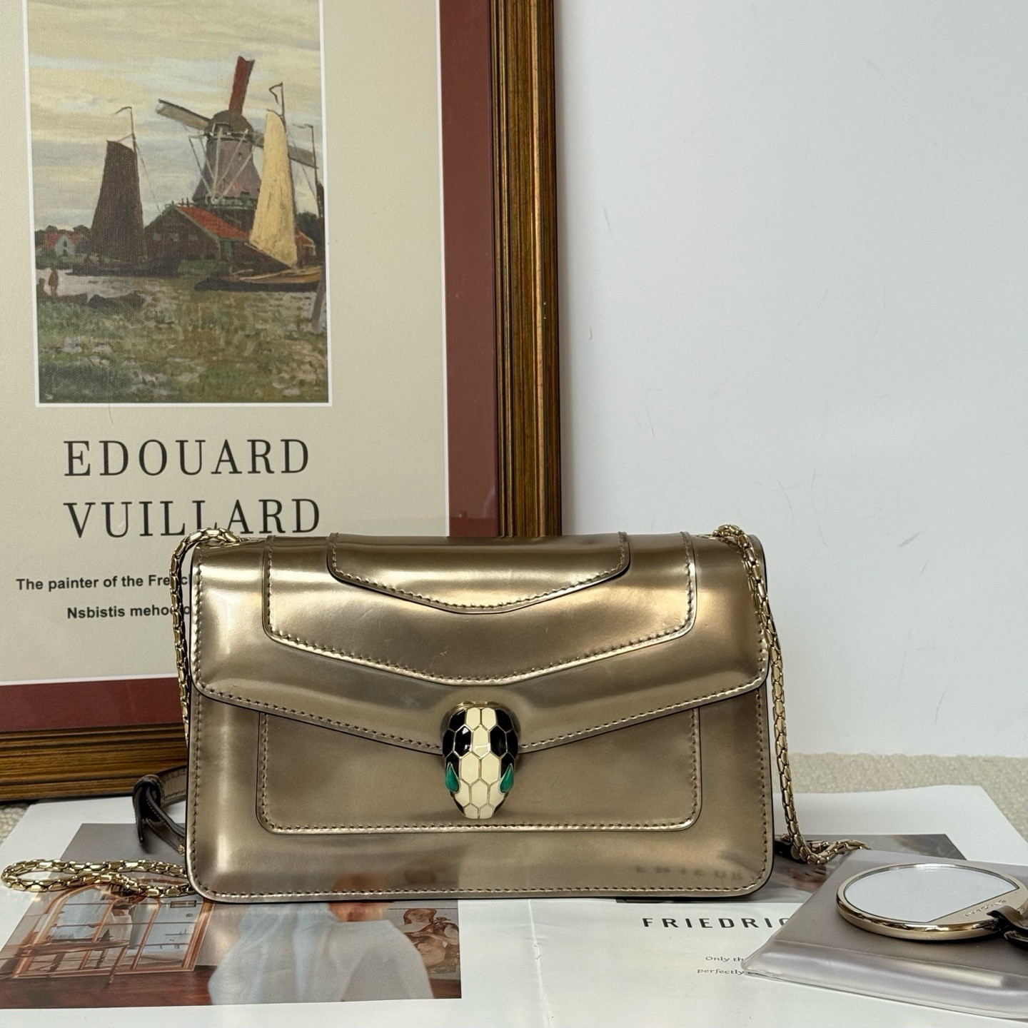 Authentic Bvlgari Serpenti WOC Metallic Leather WOC Champagne Gold Gold-Tone