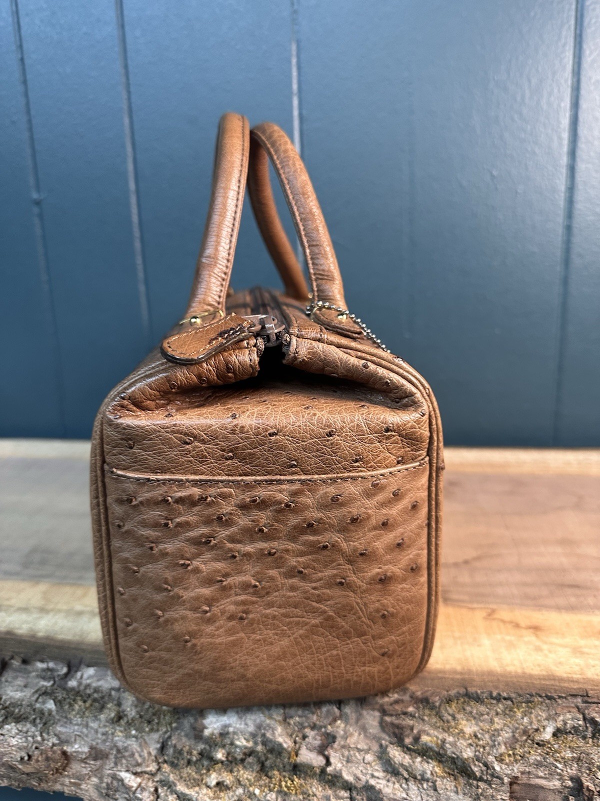 JRA Genuine Ostrich Leather Boston Satchel Cognac Brown Doctor Bag Japan