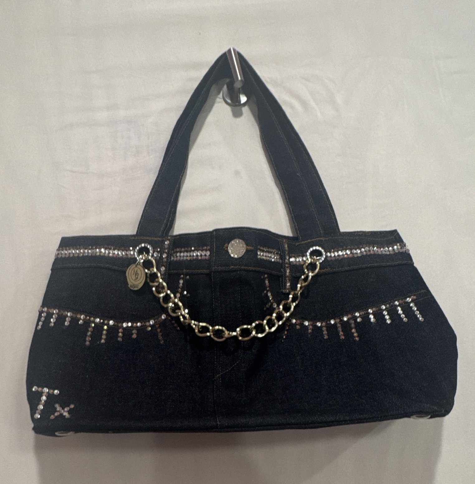 Women’s Black Shoulder Bag Medium Rhinestone Chain, Detachable Strap, Pockets