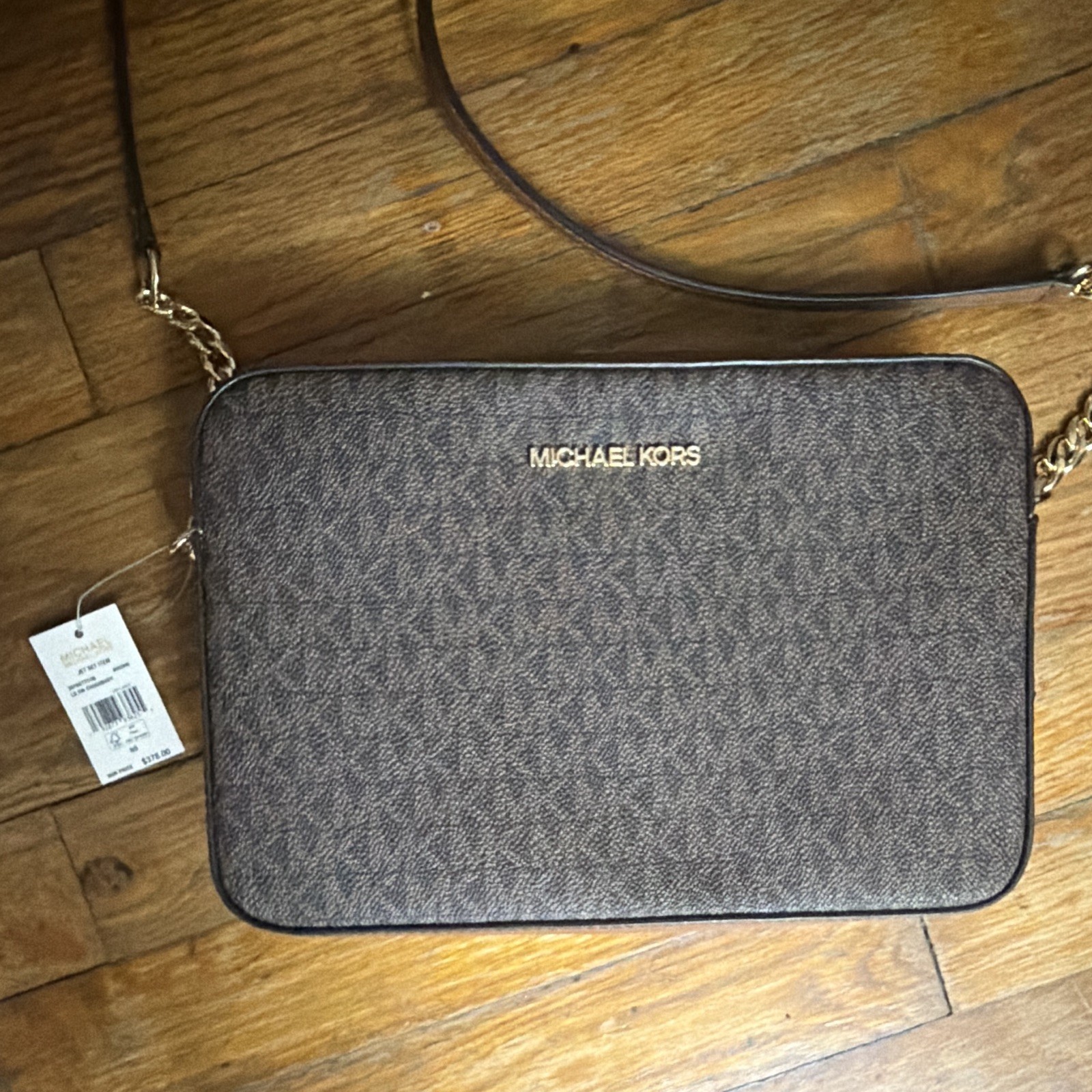 Michael Kors Jet Set Brown Logo Small Crossbody Zip Gold Chain Detachable Strap