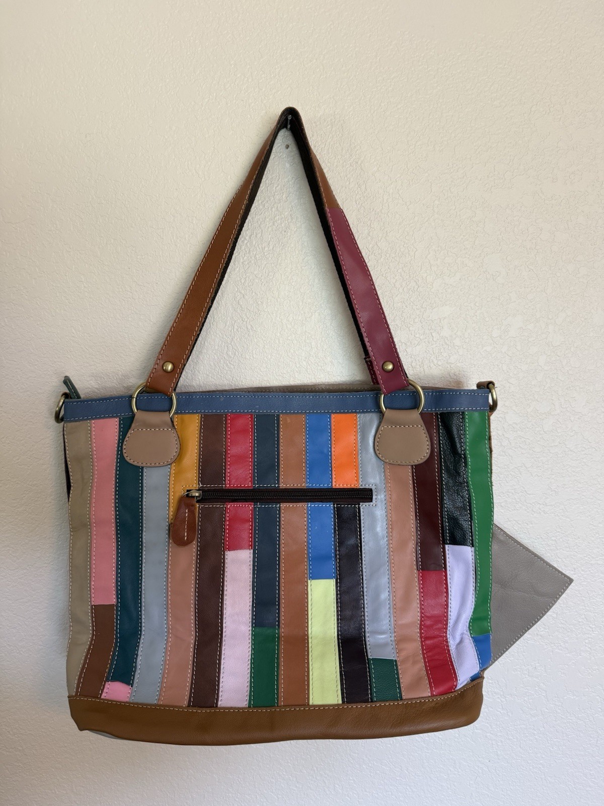 Mohiriya EUC Colorful Patchwork Floral Leather Tote Purse w/ Removable Zip Pouch