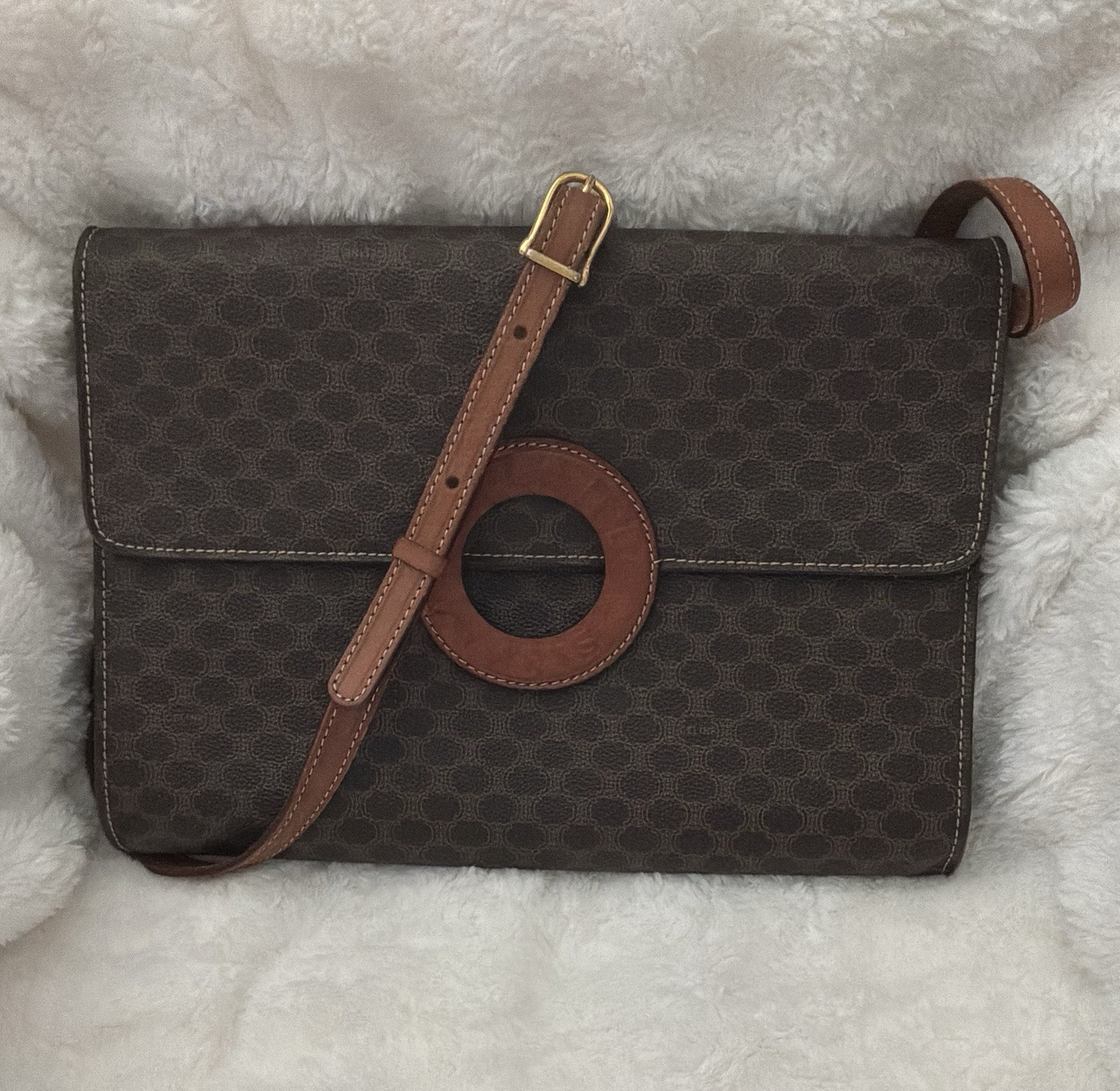 CELINE Macadam Canvas Shoulder Bag Featuring Brown PVC Leather, Circle Logo