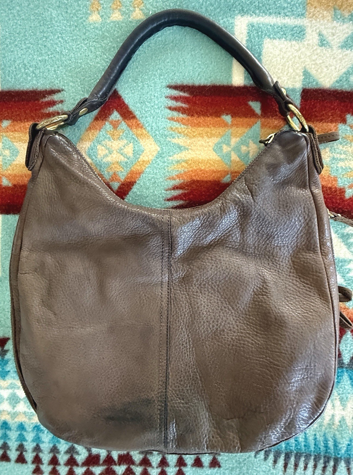 Linea Pelle Dylan Brown Pebbled Leather Hobo Moto Shoulder Bag Large Zip Pockets
