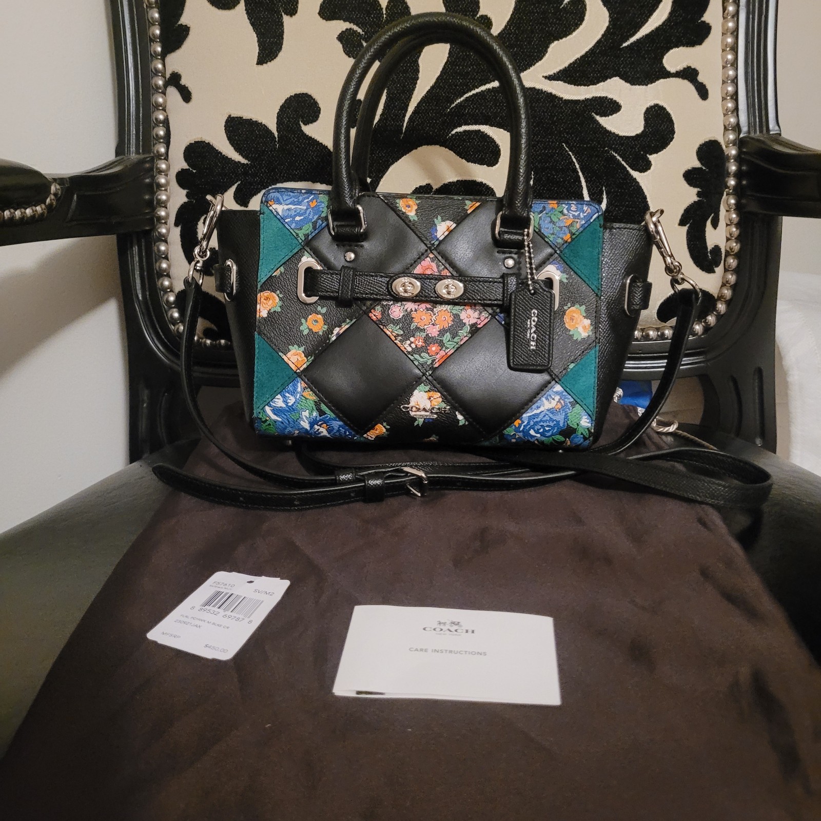 COACH Swagger Green, Black & Floral Patchwork Leather Satchel/Shoulder Bag NWOT