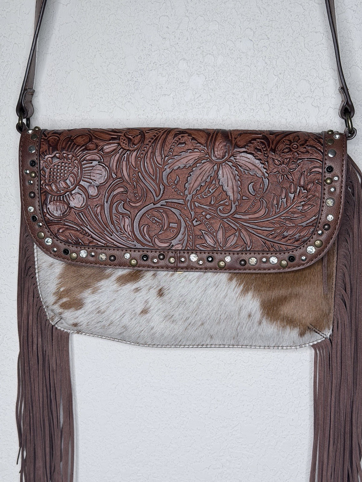 Shyanne Tooled Leather Fringe Cowhide Crossbody Bag Purse Western Festival