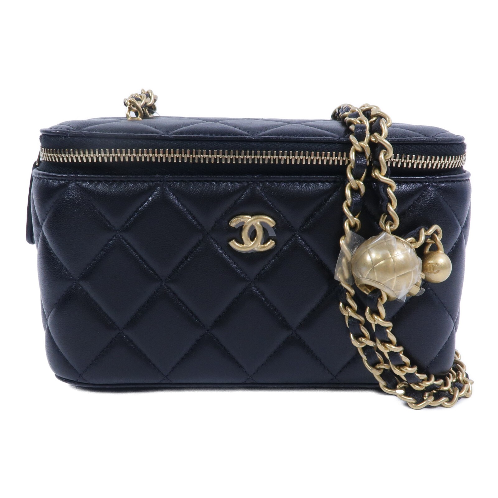 CHANEL CC GHW Vanity Case With Gold Ball 2 Way Shoulder Bag Lambskin Leather