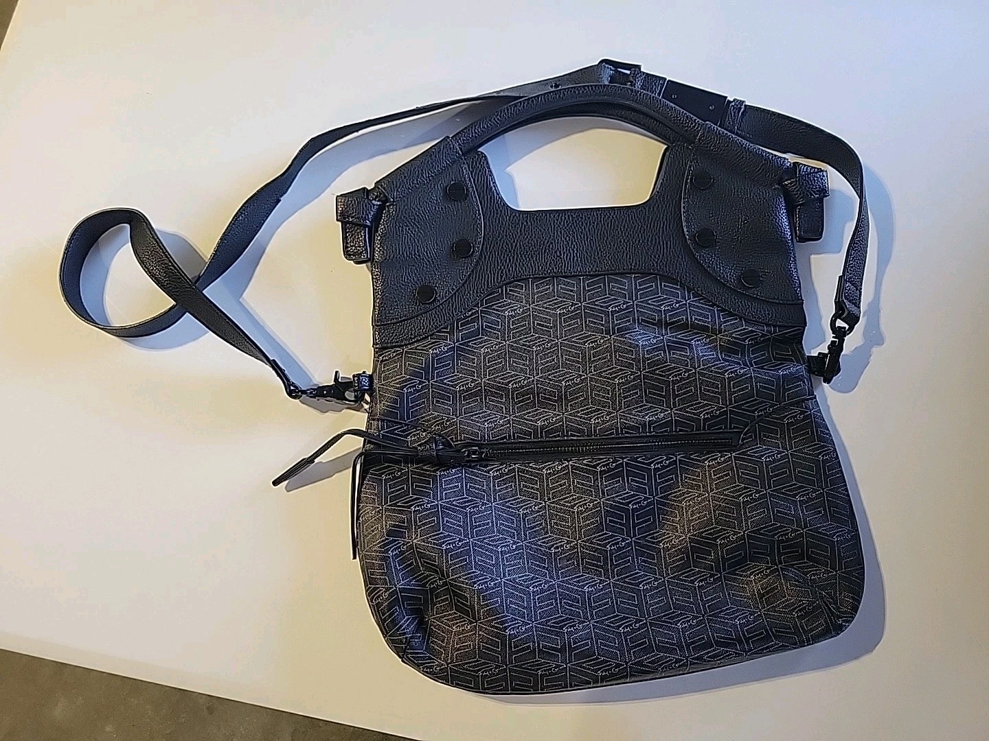 Foley + Corinna Black & Grey Geometric Crossbody Fold Over Tote Bag Leather